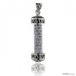 Sterling Silver Mezuzah Pendant w/ Greek Key Design in Glass Case, 1 7/16 in. (36 mm) tall