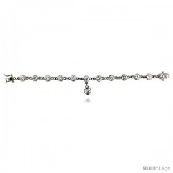 Sterling Silver 14.00 ct. size CZ Station Bracelet w/ Dangle Heart Charm, 7 in., 9/32" (7 mm) wide