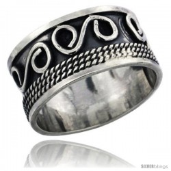 Sterling Silver S-Scroll Wedding Band Ring w/ Rope Design, 1/2 in wide