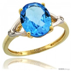 14k Yellow Gold Diamond Swiss Blue Topaz Ring 2.4 ct Oval Stone 10x8 mm, 3/8 in wide