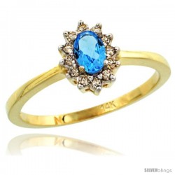 14k Yellow Gold Diamond Halo Swiss Blue Topaz Ring 0.25 ct Oval Stone 5x3 mm, 5/16 in wide