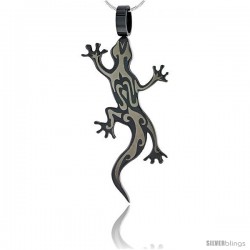 Stainless Steel Tribal Gecko Pendant 2-tone Blackened 2 in (50 mm) tall, w/ 30 in Chain