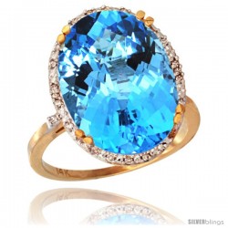 14k Yellow Gold Diamond Halo Large Swiss Blue Topaz Ring 10.3 ct Oval Stone 18x13 mm, 3/4 in wide