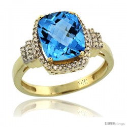 14k Yellow Gold Diamond Halo Swiss Blue Topaz Ring 2.4 ct Cushion Cut 9x7 mm, 1/2 in wide