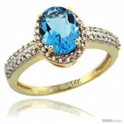 14k Yellow Gold Diamond Halo Swiss Blue Topaz Ring 1.2 ct Oval Stone 8x6 mm, 3/8 in wide