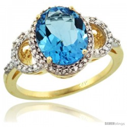 14k Yellow Gold Diamond Halo Swiss Blue Topaz Ring 2.4 ct Oval Stone 10x8 mm, 1/2 in wide