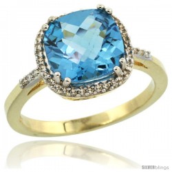 14k Yellow Gold Diamond Swiss Blue Topaz Ring 3.05 ct Cushion Cut 9x9 mm, 1/2 in wide