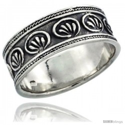 Sterling Silver Floral Pattern Wedding Band Ring w/ Rope Edge Design, 5/16 in wide