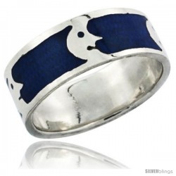 Sterling Silver Moon Man Wedding Band Ring on blue enamel background, 5/16 in wide