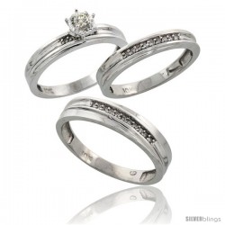 10k White Gold Diamond Trio Wedding Ring Set His 5mm & Hers 3.5mm -Style 10w120w3