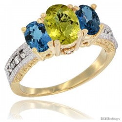 10K Yellow Gold Ladies Oval Natural Lemon Quartz 3-Stone Ring with London Blue Topaz Sides Diamond Accent