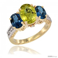 10K Yellow Gold Ladies 3-Stone Oval Natural Lemon Quartz Ring with London Blue Topaz Sides Diamond Accent