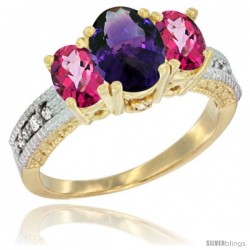 10K Yellow Gold Ladies Oval Natural Amethyst 3-Stone Ring with Pink Topaz Sides Diamond Accent