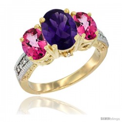 10K Yellow Gold Ladies 3-Stone Oval Natural Amethyst Ring with Pink Topaz Sides Diamond Accent