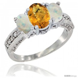 10K White Gold Ladies Oval Natural Whisky Quartz 3-Stone Ring with Opal Sides Diamond Accent