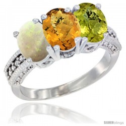 10K White Gold Natural Opal, Whisky Quartz & Lemon Quartz Ring 3-Stone Oval 7x5 mm Diamond Accent