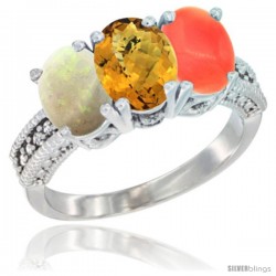 10K White Gold Natural Opal, Whisky Quartz & Coral Ring 3-Stone Oval 7x5 mm Diamond Accent