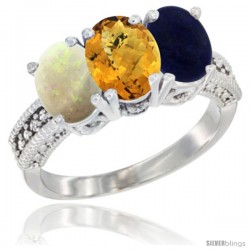 10K White Gold Natural Opal, Whisky Quartz & Lapis Ring 3-Stone Oval 7x5 mm Diamond Accent