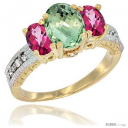 10K Yellow Gold Ladies Oval Natural Green Amethyst 3-Stone Ring with Pink Topaz Sides Diamond Accent