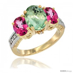 10K Yellow Gold Ladies 3-Stone Oval Natural Green Amethyst Ring with Pink Topaz Sides Diamond Accent