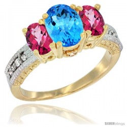 10K Yellow Gold Ladies Oval Natural Swiss Blue Topaz 3-Stone Ring with Pink Topaz Sides Diamond Accent