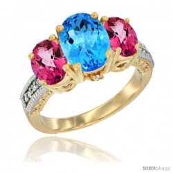 10K Yellow Gold Ladies 3-Stone Oval Natural Swiss Blue Topaz Ring with Pink Topaz Sides Diamond Accent