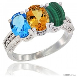 14K White Gold Natural Swiss Blue Topaz, Citrine & Malachite Ring 3-Stone 7x5 mm Oval Diamond Accent