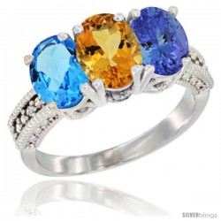 14K White Gold Natural Swiss Blue Topaz, Citrine & Tanzanite Ring 3-Stone 7x5 mm Oval Diamond Accent