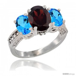 14K White Gold Ladies 3-Stone Oval Natural Garnet Ring with Swiss Blue Topaz Sides Diamond Accent