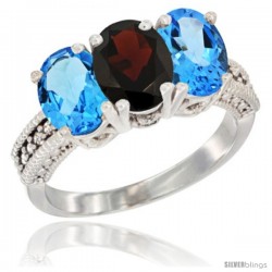 14K White Gold Natural Garnet & Swiss Blue Topaz Sides Ring 3-Stone 7x5 mm Oval Diamond Accent