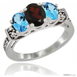 14K White Gold Natural Garnet & Swiss Blue Topaz Ring 3-Stone Oval with Diamond Accent