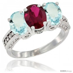 14K White Gold Natural Ruby & Aquamarine Sides Ring 3-Stone Oval 7x5 mm Diamond Accent