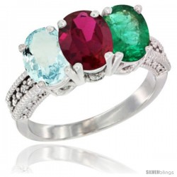 14K White Gold Natural Aquamarine, Ruby & Emerald Ring 3-Stone Oval 7x5 mm Diamond Accent