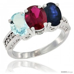 14K White Gold Natural Aquamarine, Ruby & Blue Sapphire Ring 3-Stone Oval 7x5 mm Diamond Accent