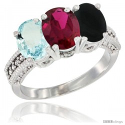 14K White Gold Natural Aquamarine, Ruby & Black Onyx Ring 3-Stone Oval 7x5 mm Diamond Accent