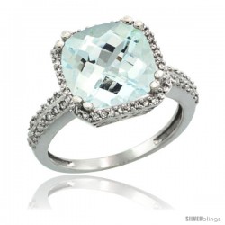 14k White Gold Diamond Halo Aquamarine Ring Checkerboard Cushion 11 mm 5.85 ct 1/2 in wide