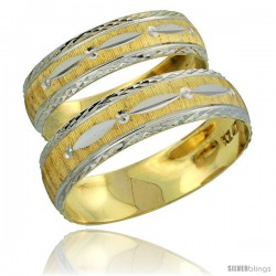 10k Gold 2-Piece Wedding Band Ring Set Him & Her 5.5mm & 4.5mm Diamond-cut Pattern Rhodium Accent -Style 10y502w2