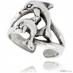 Sterling Silver Double Dolphin Adjustable (Size 3 to 6) Toe Ring / Kid's Ring, 5/8 in. (16 mm) wide