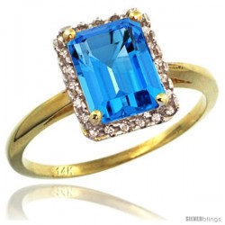 14k Yellow Gold Diamond Swiss Blue Topaz Ring 1.6 ct Emerald Shape 8x6 mm, 1/2 in wide