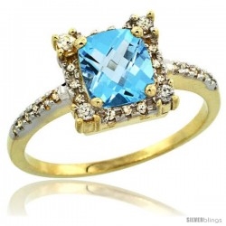 14k Yellow Gold Diamond Halo Swiss Blue Topaz Ring 1.2 ct Checkerboard Cut Cushion 6 mm, 11/32 in wide