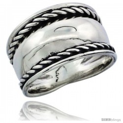 Sterling Silver Domed Cigar Wedding Band Ring w/ Rope Edge Design 7/16 in wide