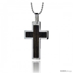 Stainless Steel Cross Pendant w/ Wood Inlay, 1 5/16 in tall, w/ 30 in Chain