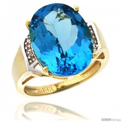 14k Yellow Gold Diamond Swiss Blue Topaz Ring 9.7 ct Large Oval Stone 16x12 mm, 5/8 in wide