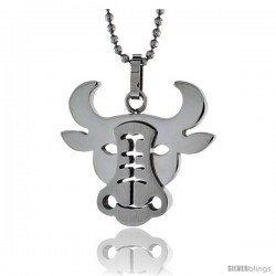 Stainless Steel Bull Head Pendant, w/ Satin Finish Center, 15/16 in (24 mm) tall, w/ 30 in Chain