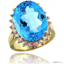 14k Yellow Gold Diamond Halo Swiss Blue Topaz Ring 10 ct Large Oval Stone 18x13 mm, 7/8 in wide