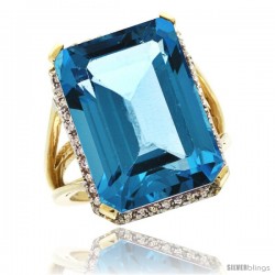 14k Yellow Gold Diamond Swiss Blue Topaz Ring 14.96 ct Emerald shape 18x13 mm Stone, 13/16 in wide