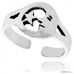 Sterling Silver Crescent Moon & Star Adjustable (Size 3.5 to 6.5) Toe Ring / Kid's Ring, 3/8 in. (9 mm) wide