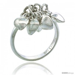 Sterling Silver (Size 3 to 5) Toe Ring / Kid's Ring w/ Clustered Heart Charms, 3/32 in. (2 mm) wide