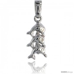 Sterling Silver Jeweled Dolphin Pendant, w/ Cubic Zirconia stones, 9/16" (14 mm)
