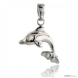 Sterling Silver Jeweled Dolphin Pendant, w/ Cubic Zirconia stones, 5/8" (16 mm)
